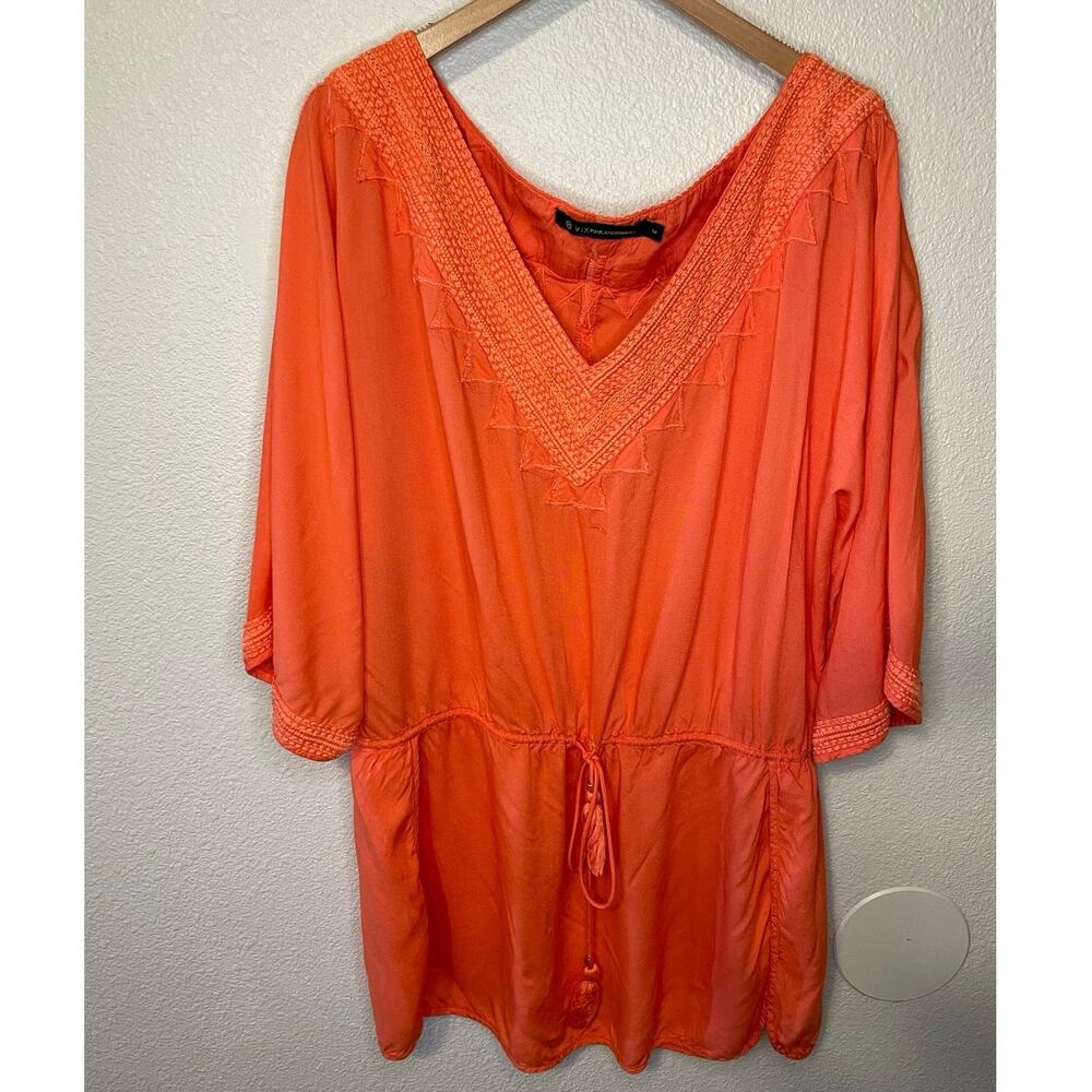 VIX Paula Hermanny Coral Embroidered Bell Sleeve Mini Tunic Swim Coverup Medium - Picture 2 of 13